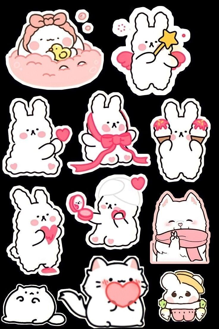 Pink Kawaii Bunny & Cat Stickers Pack, Cute White Rabbit with Hearts, Makeup, Ice Cream, and Waterproof Vinyl Decals for Water Bottles, Laptops, and Journaling