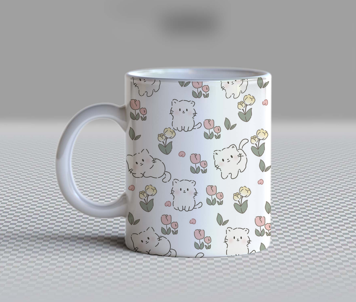 Cute Cats and Tulips Ceramic Coffee Mug – 11oz Aesthetic Kawaii Neko Tea Cup, Pastel Pink & Yellow Tulip Pattern Mug for Coffee Lovers, Lovely Birthday Gift for Women, Girls, Teens & Cat Lovers