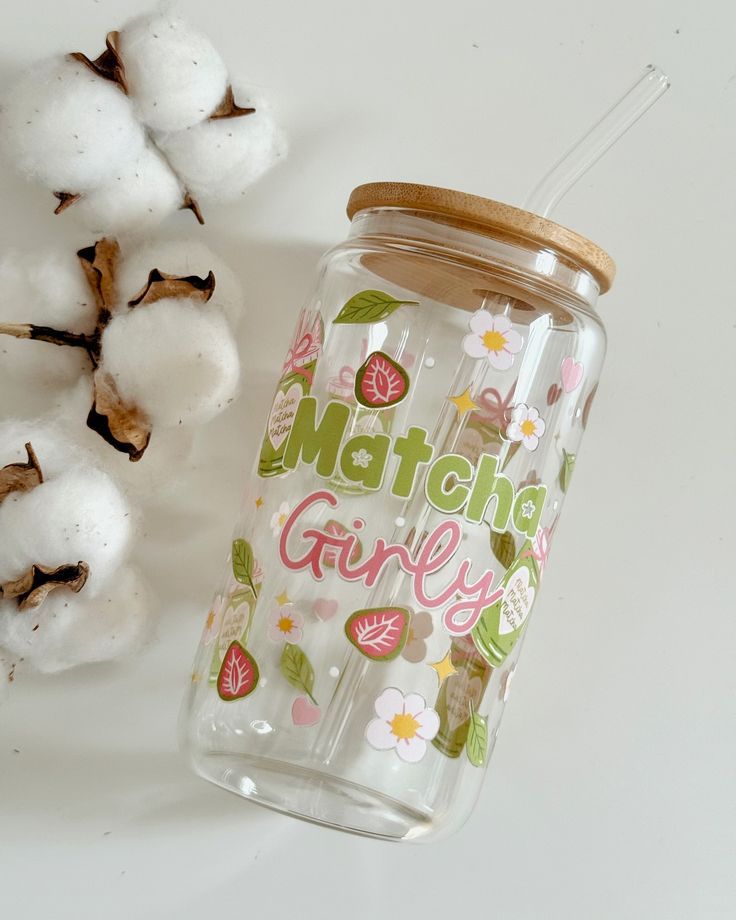 Mug with Wooden Lid and Clear Glass Straw: Practical for Juices and Ice Coffee Matcha Girly