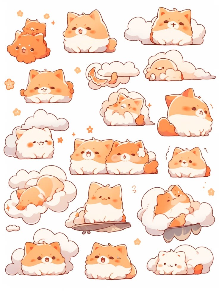 Fluffy Cloud Cat Stickers Pack, Cute Kawaii Orange Kitty in Clouds, Soft Aesthetic Pet Illustrations, and Waterproof Vinyl Decals for Water Bottles, Laptops, and Journaling