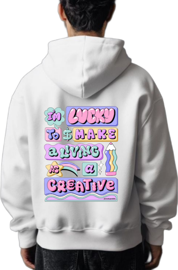 IM LUCKY TO MAKE ALVING CREATIVE One Size hoodie White Back 69
