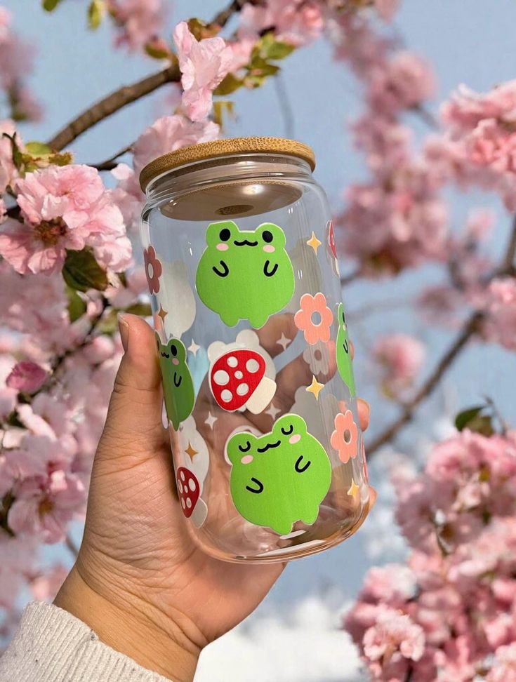 Mug with Wooden Lid and Clear Glass Straw: Practical for Juices and Ice Coffee Little butterflies, red and white mushrooms, and smiling green frog faces