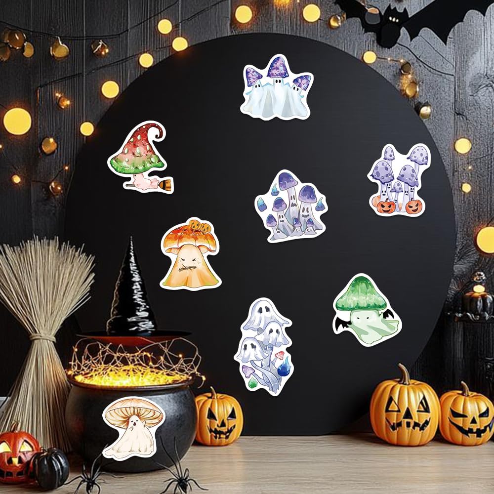 50 PCS Halloween Mushrooms Sticker Funny Aesthetic Stickers for Kids Ghost Pumpkin Sticker for Waterbottle Laptops Halloween Holiday Party Favors Decorations Stickers