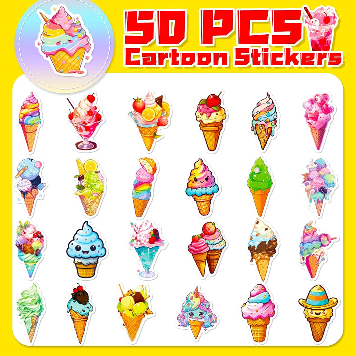 Ice Cream Cone Stickers - 50PCS Cute Sweet Ice Cream Stickers for Water Bottles,Laptop,Party Supplies,DIY Crafts | Sweet Dessert Designs for Kids,Teens,Adults