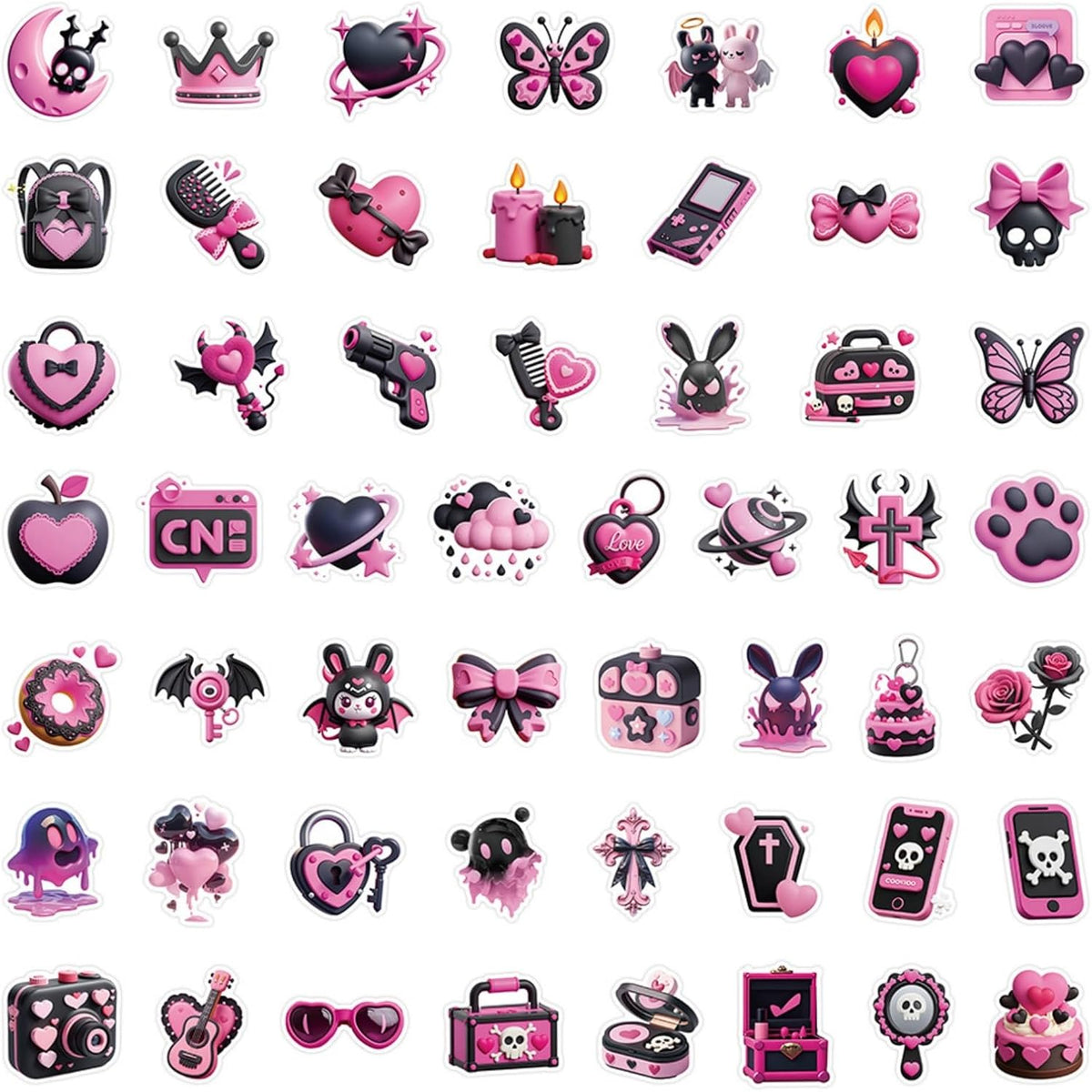 50PCS Cute Gothic Stickers, Pink Aesthetic Stickers for Girls Teens Adults, Pink Black Decals for Water Bottles Laptop Computer Phone Guitar