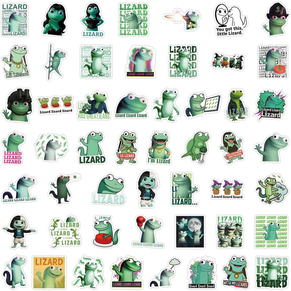 50Pcs Lizard Meme Stickers Lizard Toy Cartoon Decal Fashion Aesthetic Sticker Pack Vinyl Waterproof Decal for Laptop, Water Bottle, Skateboard, Scrapbooking for Girl Kids Teens Adult