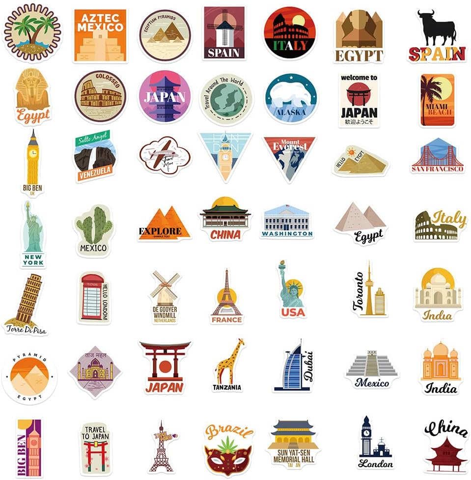World City Landmarks Aesthetic Stickers 50Pcs for Journaling Kids Scrapbooking Stickers Pack for Laptop Phone Guitar Gift Decor Teens Girls