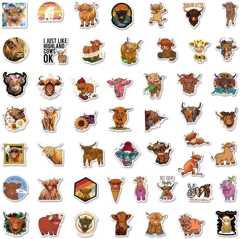 JSYAVG 50PCS Highland Cattle Stickers, Aesthetic Highland Cow Stickers for Laptop, Water Bottle, Stickers for Kids, Toddlers, Teens, Girls, Car, Helmet Stickers