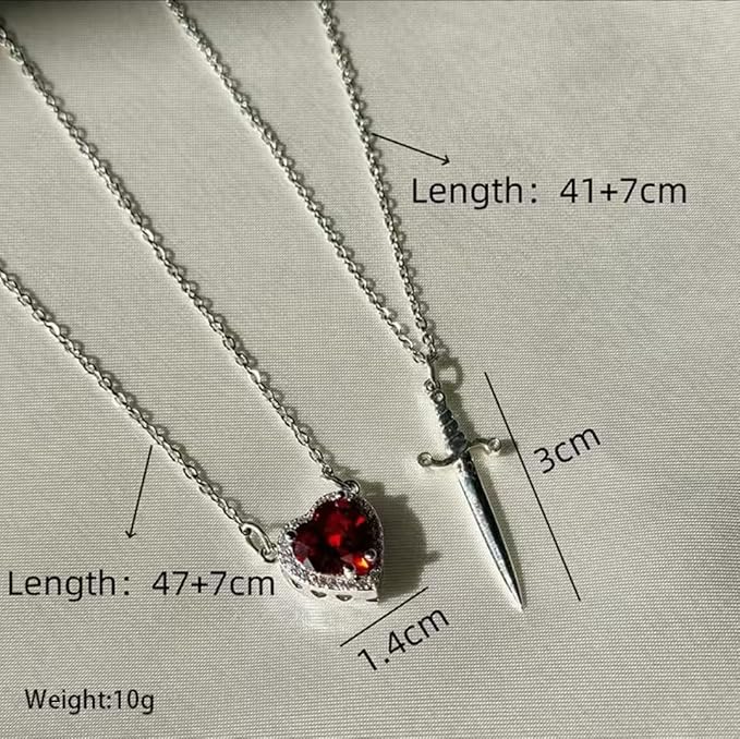 Heart and Sword Pendant Necklace Set, 2-Piece Zircon Crystal Chain Jewellery, Silver and Gold Plated Choker, Fashion Couple Necklaces