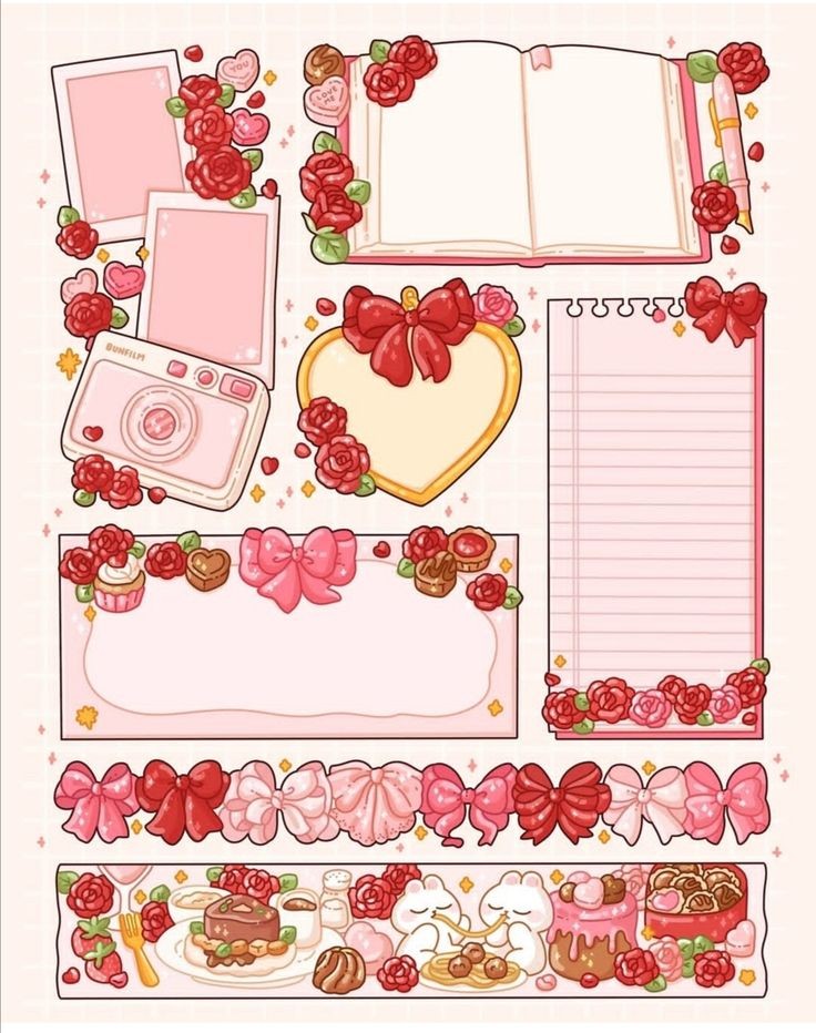 Pink Coquette Aesthetic Stickers Pack, Red Roses, Bows, Planner Memo Pads, Instant Camera, and Waterproof Vinyl Decals for Water Bottles, Laptops, and Journaling