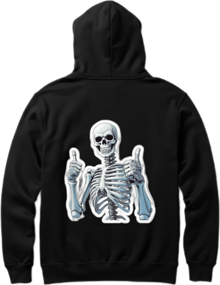 A skeleton giving a thumbs-up with both hands One Size hoodie Black Back 7