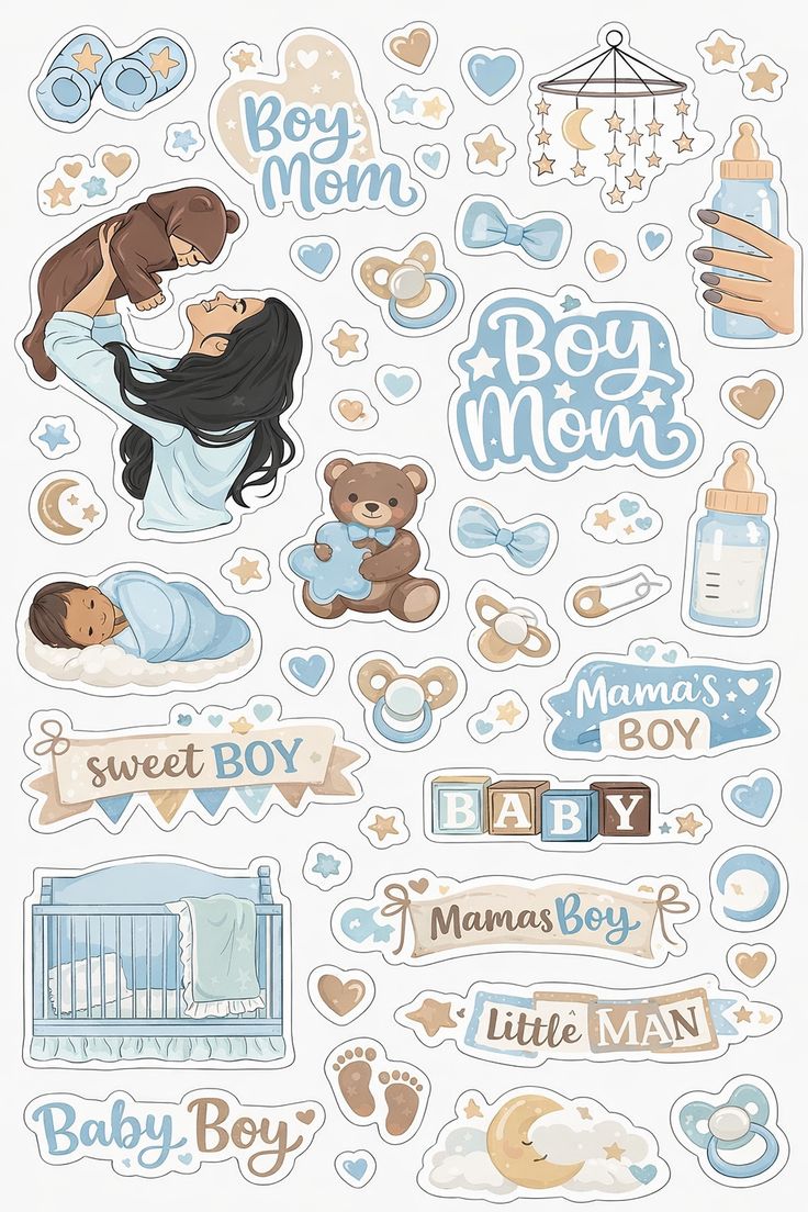 Cute Boho Baby Boy Mom Sticker Pack - Aesthetic Waterproof Vinyl Stickers for Scrapbooking, Planners, and Journaling - Newborn Baby Shower Decorations & New Mom Gift Set