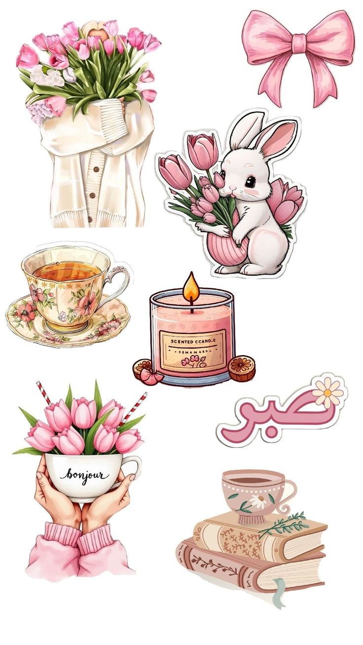Cozy Aesthetic Stickers Pack, Cute Tulips, Bunny, Reading Books, Coffee, and Sabr Arabic Quote Theme Stickers for Journaling, Scrapbooking, Water Bottles, Laptop, and Planner Decals