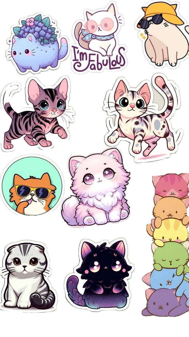 Kawaii Big-Eye Cats Stickers Pack, Cute Fluffy Kittens, Stacked Cats, Sunglasses, and Waterproof Vinyl Decals for Water Bottles, Laptops, and Journaling