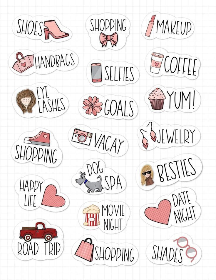SHOES SHOPPING MAKEUP THANDBAGS SELFIES ♡ COFFEE EYE LASHES COALS YUM! SHOPPING VACAY JEWELRY HAPPY DOG SPA BESTIES MOVIE NIGHT DATE NIGHT ROAD TRIPSHOPPING SHADES Sticker 50