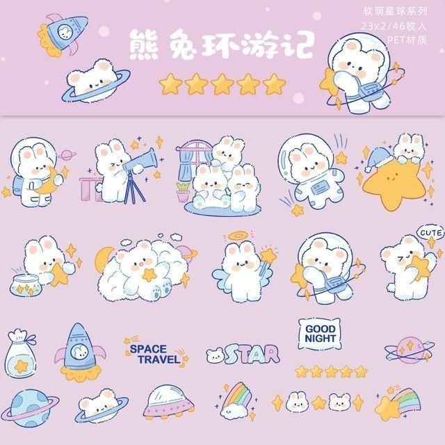 Kawaii Space Travel Stickers Pack, Cute Astronaut Bunny and Bear, Stars, Planets, and Waterproof Vinyl Decals for Water Bottles, Laptops, and Journaling
