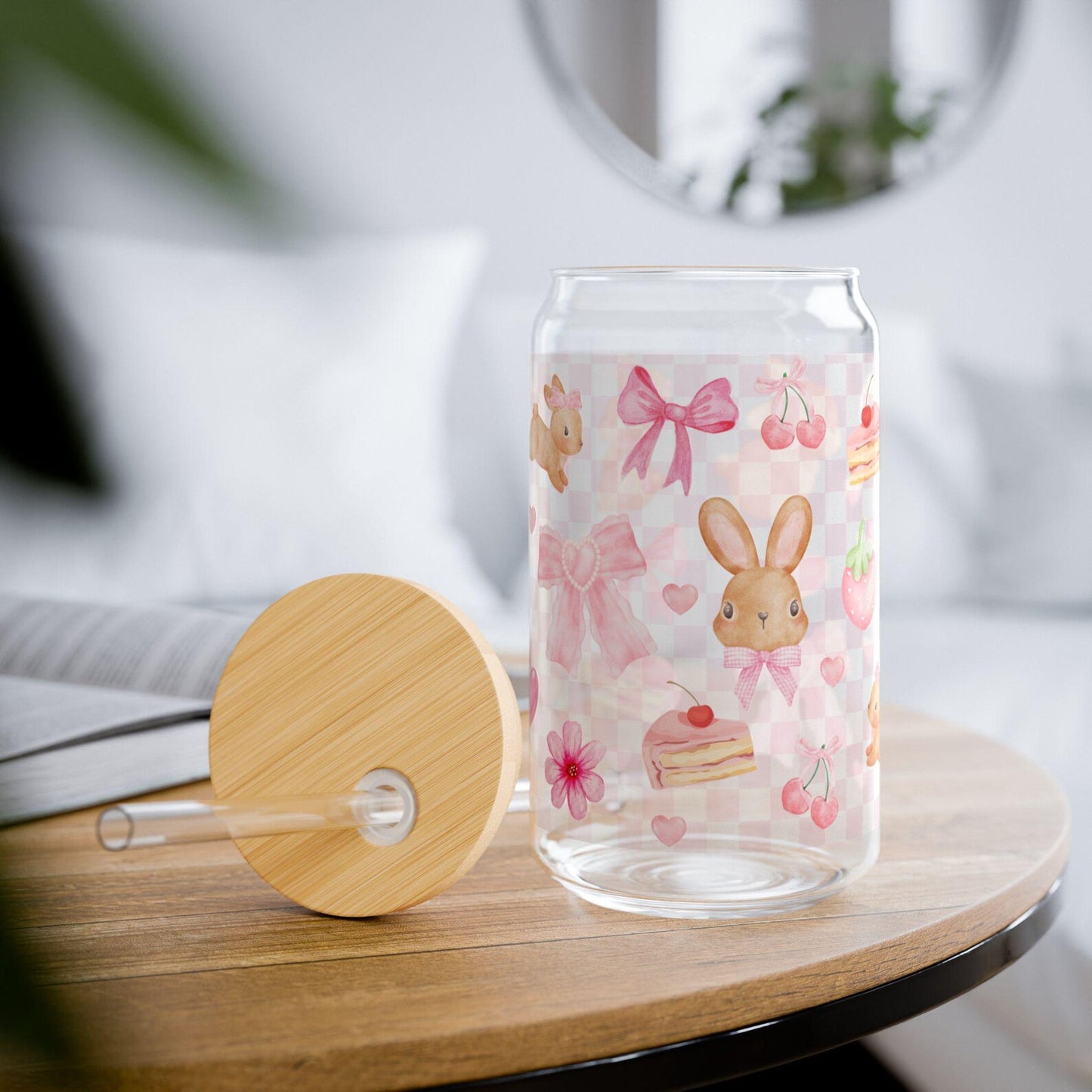 Mug with Wooden Lid and Clear Glass Straw: Practical for Juices and Ice Coffee أرانب، الفيونكات