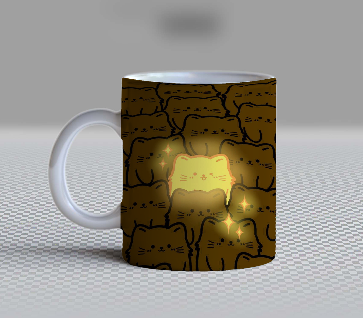Cute Glowing Unique Cat Ceramic Coffee Mug – 11oz Aesthetic Brown Kitten Tea Cup, Whimsical Stand Out Neko Pattern Mug for Coffee Lovers, Lovely Birthday Gift for Women, Girls, Teens & Cat Lovers