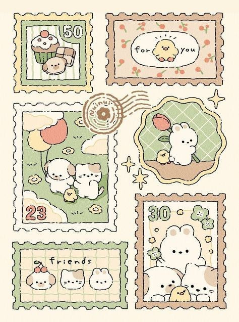 Cute Postage Stamp Stickers Pack, Aesthetic Kawaii Animal Stamps, Bunnies, Kittens, and Waterproof Vinyl Decals for Water Bottles, Laptops, and Journaling