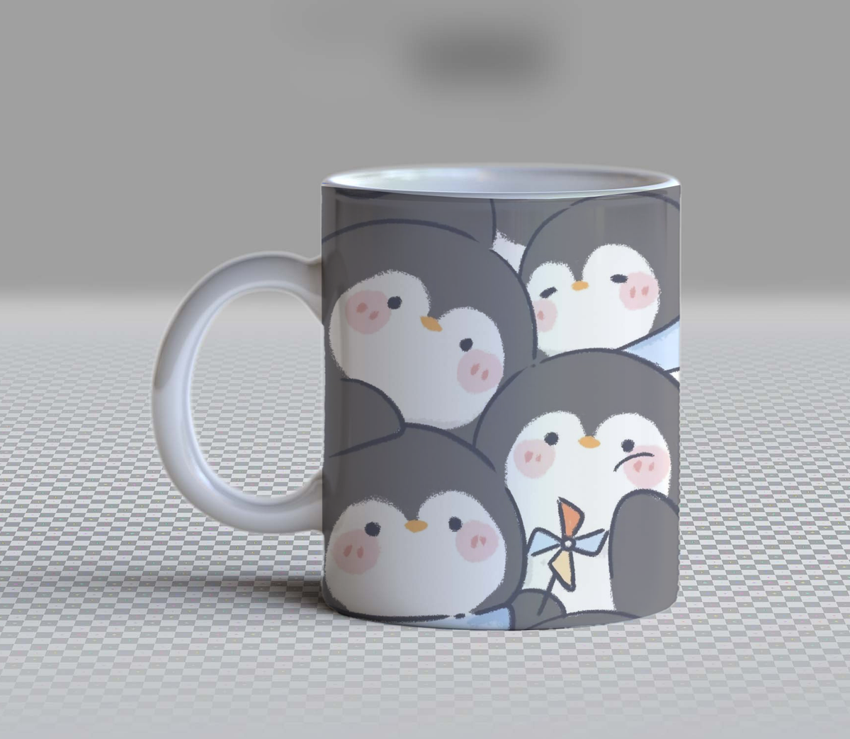 Cute Penguin with Pinwheel Ceramic Coffee Mug – 11oz Aesthetic Grey Penguin Tea Cup, Whimsical Stand Out Winter Animal Pattern Mug for Coffee Lovers, Lovely Birthday Gift for Women, Girls, Teens & Penguin Lovers