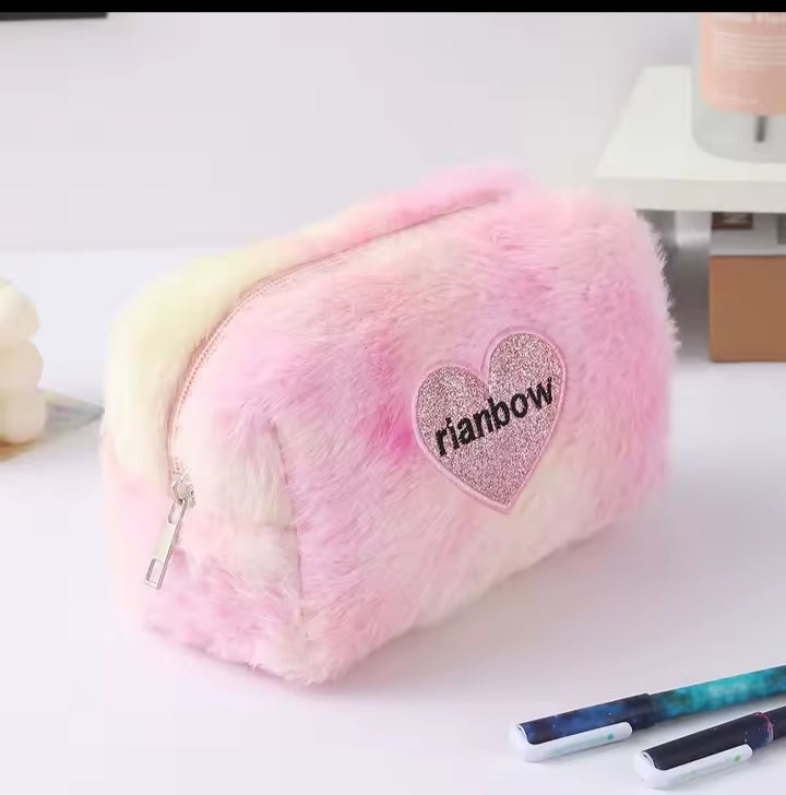 Wholesale Tie Dye Plush Makeup Bag Portable Rainbow Travel Beauty Storage Bag Large Capacity Custom Logo Cosmetic Pouch(pink)