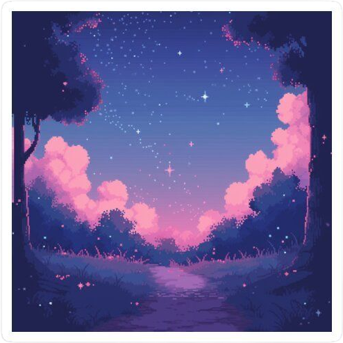 Pixel Art Night Sky and Forest Aesthetic Sticker, Dreamy Starry Path and Pink Clouds Art Decal for Laptop, Water Bottles, Journaling, Scrapbooking, and Planners