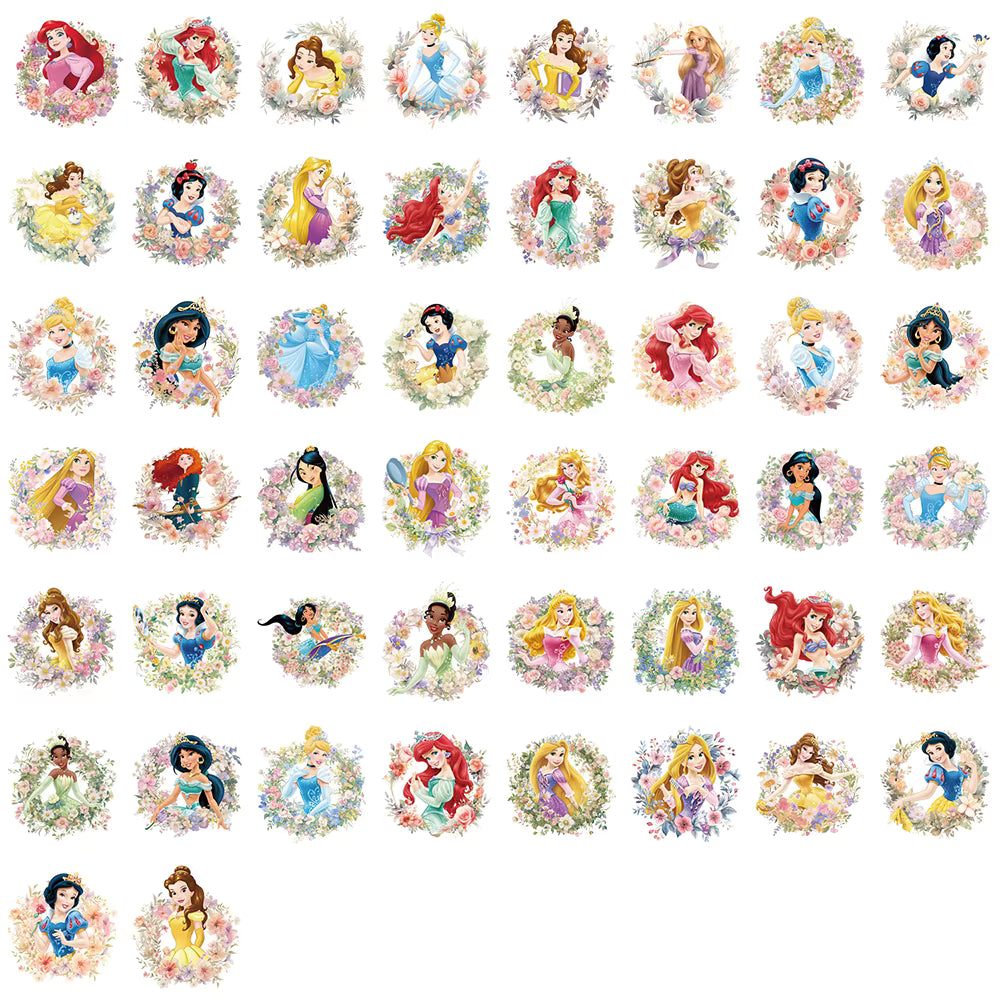 10/30/50pcs Transparent Disney Princess and Flowers Cartoon Stickers Aesthetic Graffiti Luggage Phone Notebook Cute Decoration Sticker