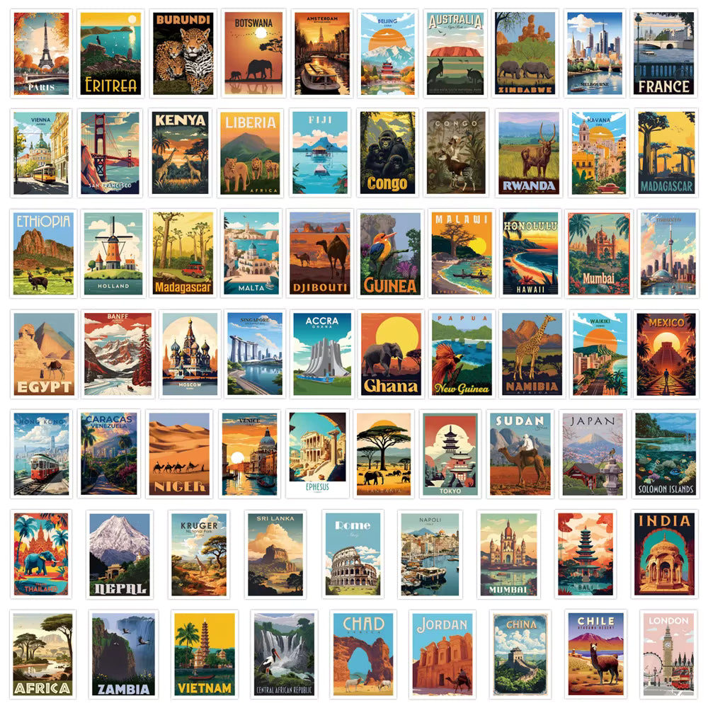 10/30/50pcs Vintage World Travel Famous Buildings Stickers City Landmark Poster Sticker DIY Phone Scrapbook Guitar Retro Sticker