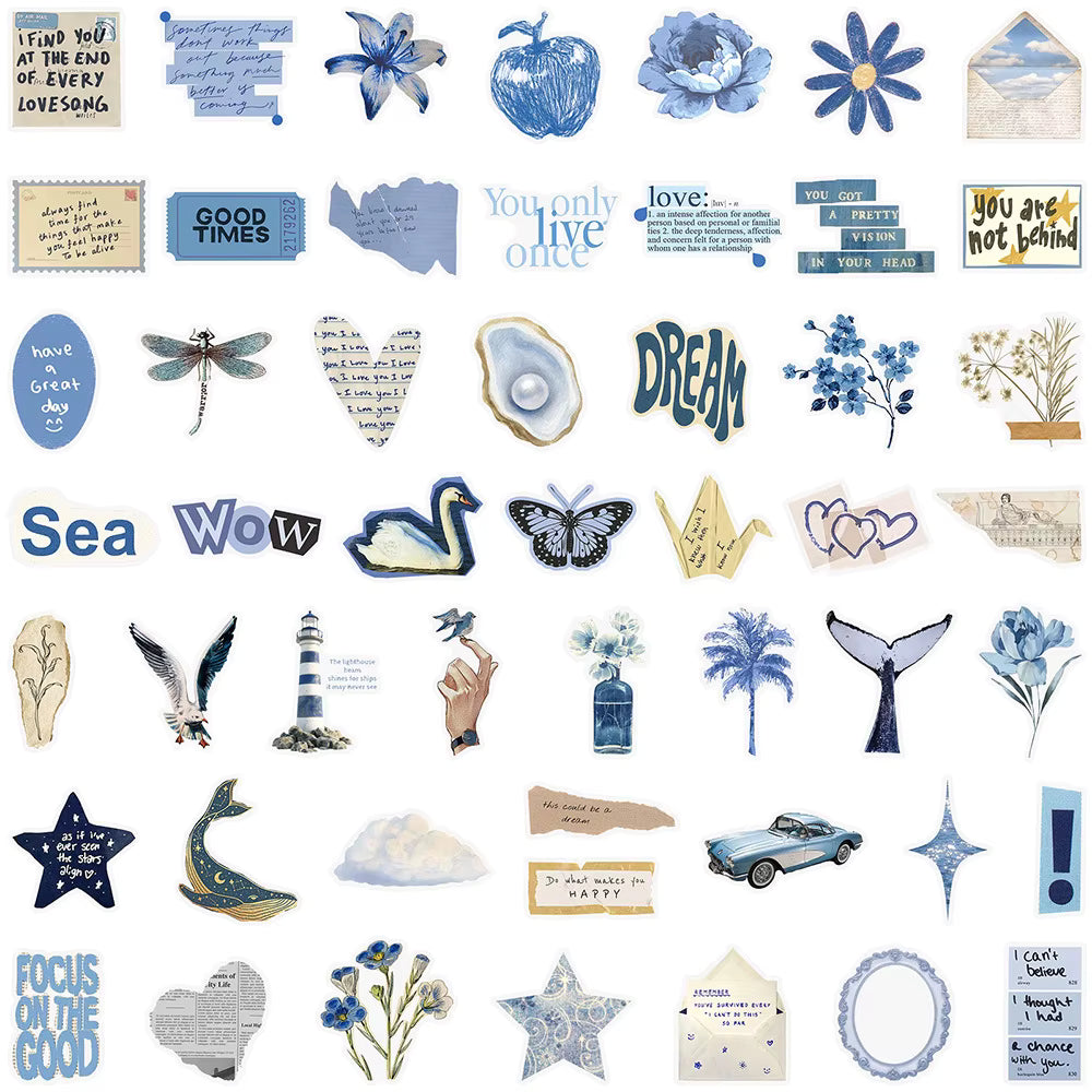 10/30/50pcs Transparent Blue Art Ocean Aesthetic Stickers INS Style Decal DIY Motorcycle Laptop Luggage Cute Cartoon Sticker Toy