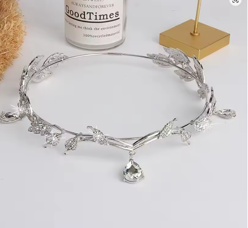 Gothic Elf Tiara Crown for Women, Silver Liquid Metal Circlet Headpiece with Crystal Tear-drop Pendant, Elven Fantasy Fairy Cosplay Hair Accessories