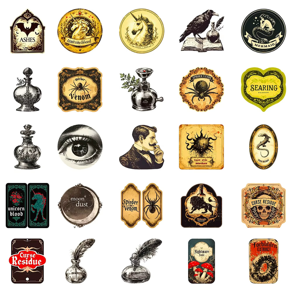 10/30/50pcs Gothic Retro Potion Label Stickers Cartoon Apothecary Decals for Notebook Phone Guitar Laptop Decoration Sticker Toy