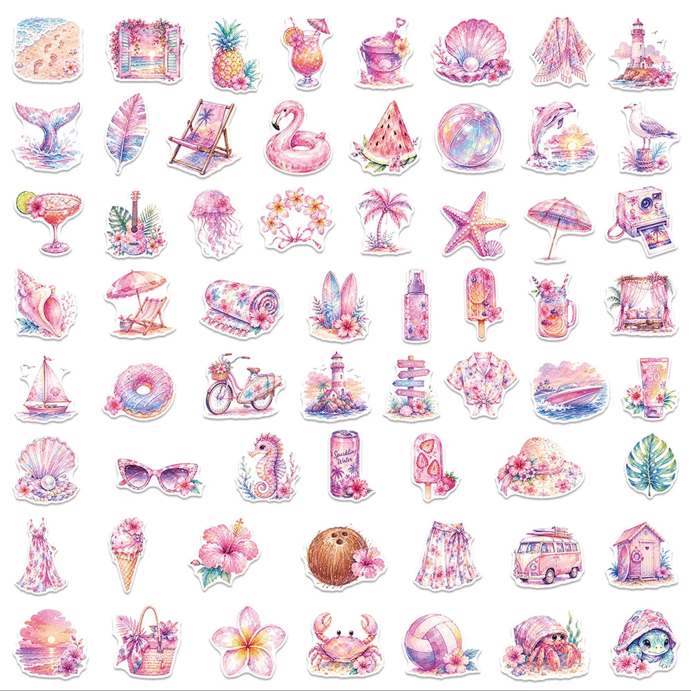 10/30/60pcs Cartoon Pink Sunset Beach Vacation Stickers Cute Aesthetic Graffiti Sticker Helmet Suitcase Laptop DIY Sticker Decor