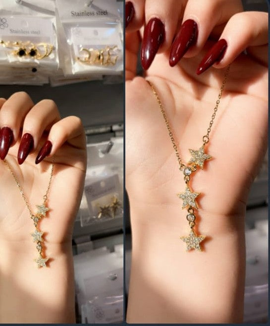 Luxury Celestial Three Star Drop Necklace for Women - Gold-Plated Y-Shaped Choker with Full Pavé Crystal Zircon Stars, Dainty Vertical Dangle Stacked Galaxy Jewelry Gift for Her