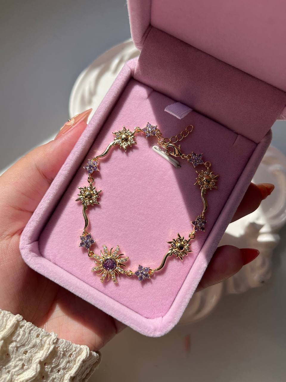 Handmade Celestial Sun and Purple Crystal Bracelet - Gold-Plated Dainty Wavy Chain with Shimmering Zircon Sunburst and Flower Charms, Aesthetic Astronomical Jewelry Birthday Gift for Women
