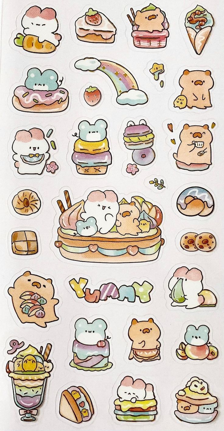 Cute Kawaii Food and Animals Stickers Pack, Watercolor Desserts, Cake, Ice Cream, and Cute Characters Aesthetic Stickers for Journaling, Scrapbooking, Water Bottles, Laptop, and Planner Decals