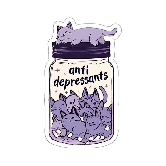 Anti-Depressants" Cute Cat Jar Sticker - Funny Kawaii Kittens Vinyl Decal for Laptop, Water Bottle, Journal, and Phone Case