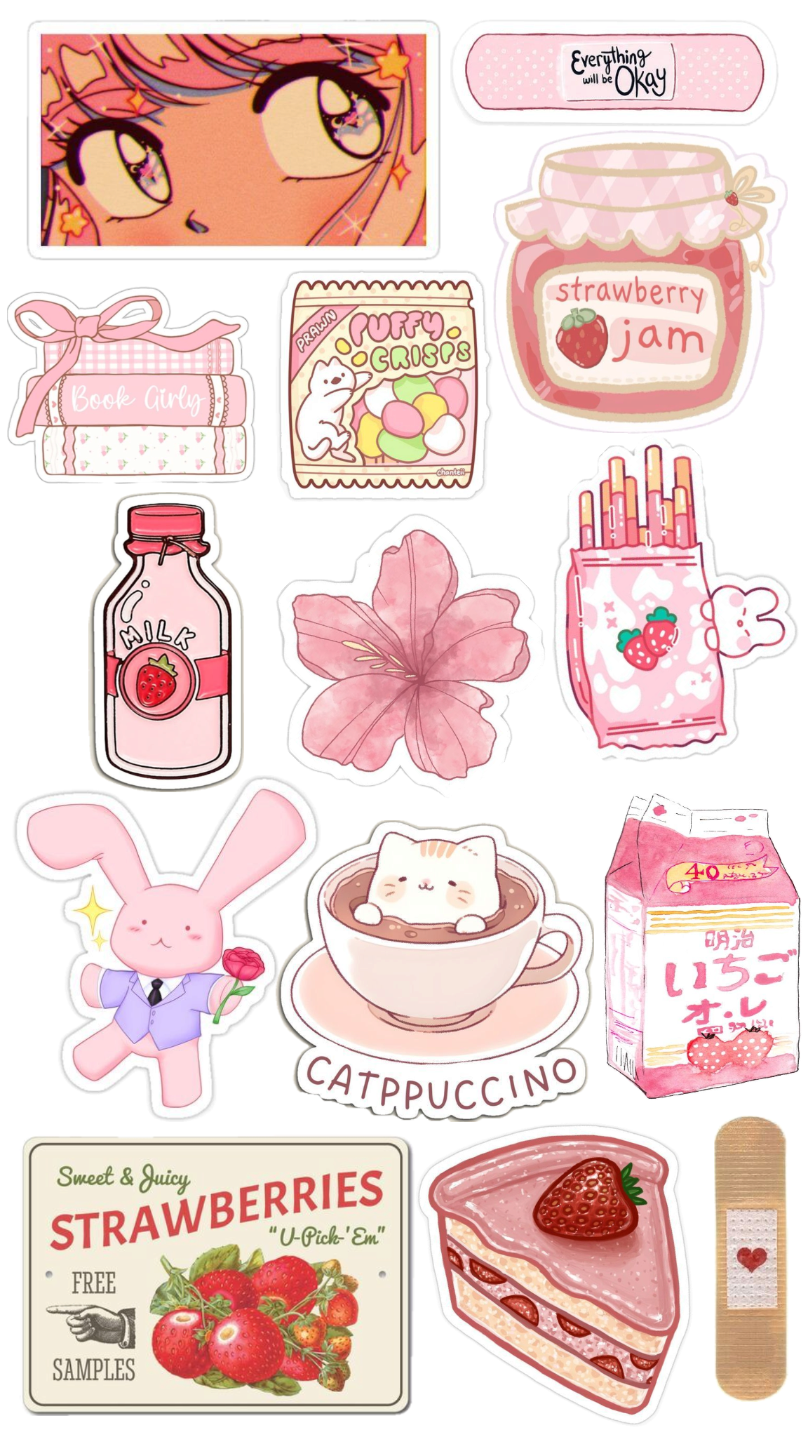 Pink Strawberry Aesthetic Stickers Pack, Cute Kawaii Strawberry Milk, Cake, Bunny, and Catppuccino Theme Stickers for Journaling, Scrapbooking, Water Bottles, Laptop, and Planner Decals
