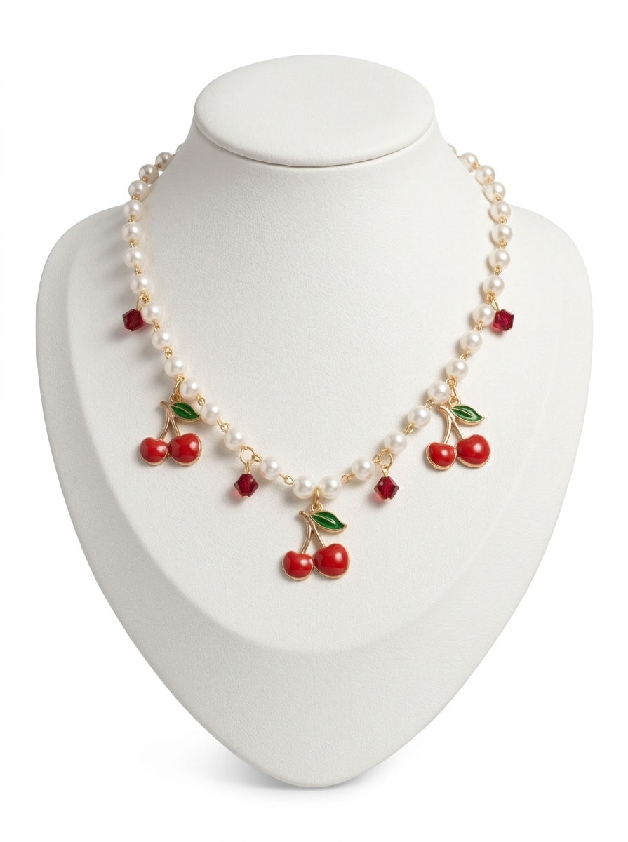 Faux Pearl Choker Necklace with Red Enamel Cherry Pendants and Burgundy Crystal Beads, Cute Summer Fruit Jewelry Gift for Women