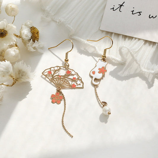 Asymmetric Japanese Sakura Earrings for Women, Cute Enamel White Cat & Folding Fan Dangle Earrings, Cherry Blossom Pearl Drop Tassel Jewelry Gift