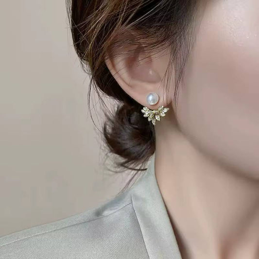 Elegant Pearl Ear Jacket Earrings for Women - Gold Tone Cubic Zirconia Fan-Shaped Leaf Stud Earrings, Two-Way Wear Front Back Statement Jewelry Gift for Her