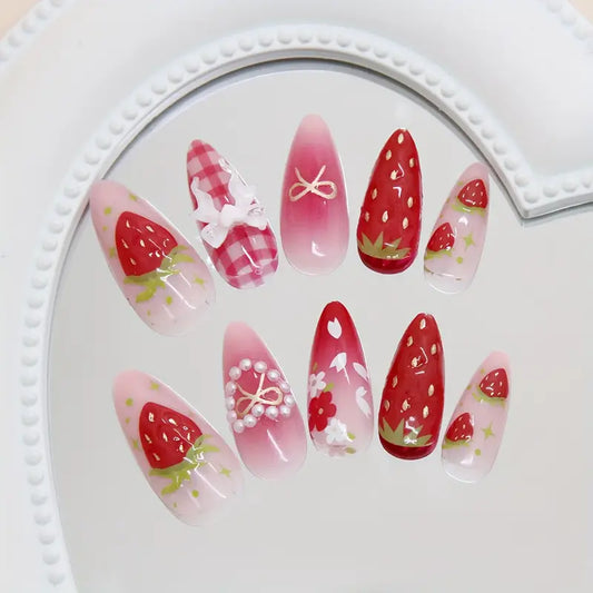 Press on Nails 24 Pcs Medium Almond - Cute Pink Strawberry Nail Set with Gingham Plaid Patterns, 3D Pearl Bows, and Floral Accents - Reusable Glossy False Nails Full Cover for Women and Girls