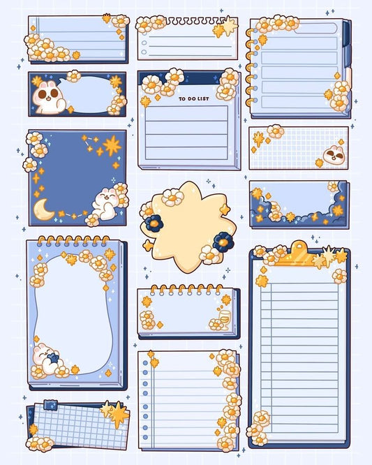 Blue Night Memo Pads Stickers Pack, Cute Aesthetic Journaling Checklists, Planner Decals, and Waterproof Vinyl Stickers for Water Bottles and Laptops