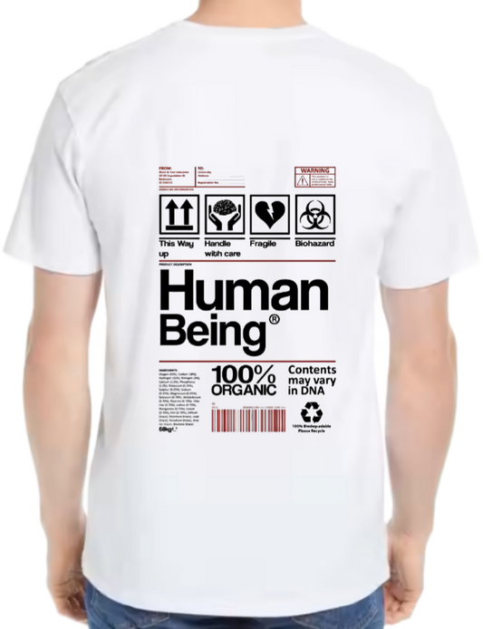 Threadcurry Human Being Facts Back text One Size t- shirt White Back 97