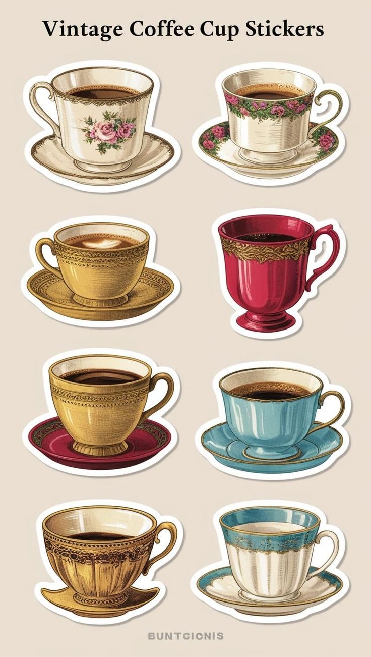 Vintage Coffee and Tea Cup Stickers Pack, Aesthetic Antique Porcelain Mugs, Ornate Saucers, and Waterproof Vinyl Decals for Water Bottles, Laptops, and Journaling