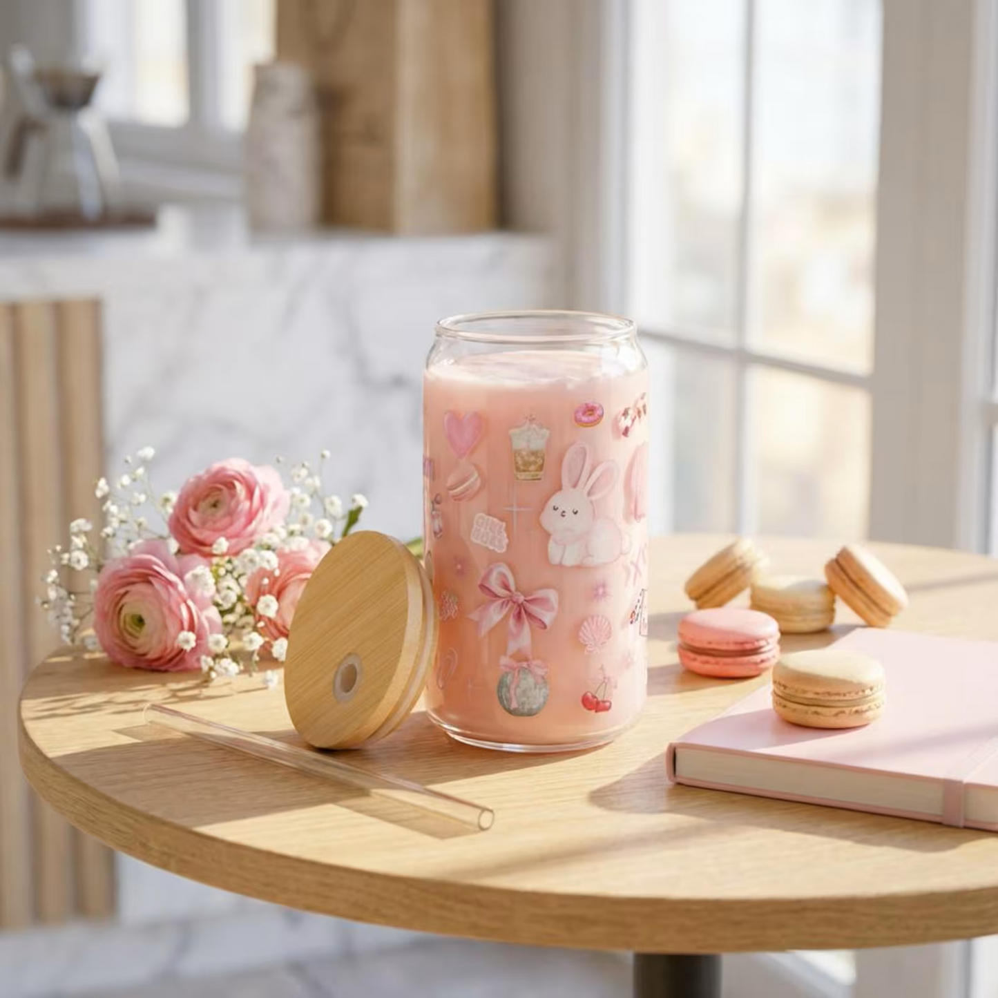 Mug with Wooden Lid and Clear Glass Straw: Practical for Juices and Ice Coffee أرانب، الفيونكات، والحلويات
