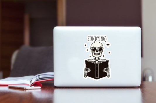 "Stu(dying)" Skeleton Student Laptop Sticker, Funny Bookish & School Humor Vinyl Decal for Laptop, Water Bottle, and Kindle