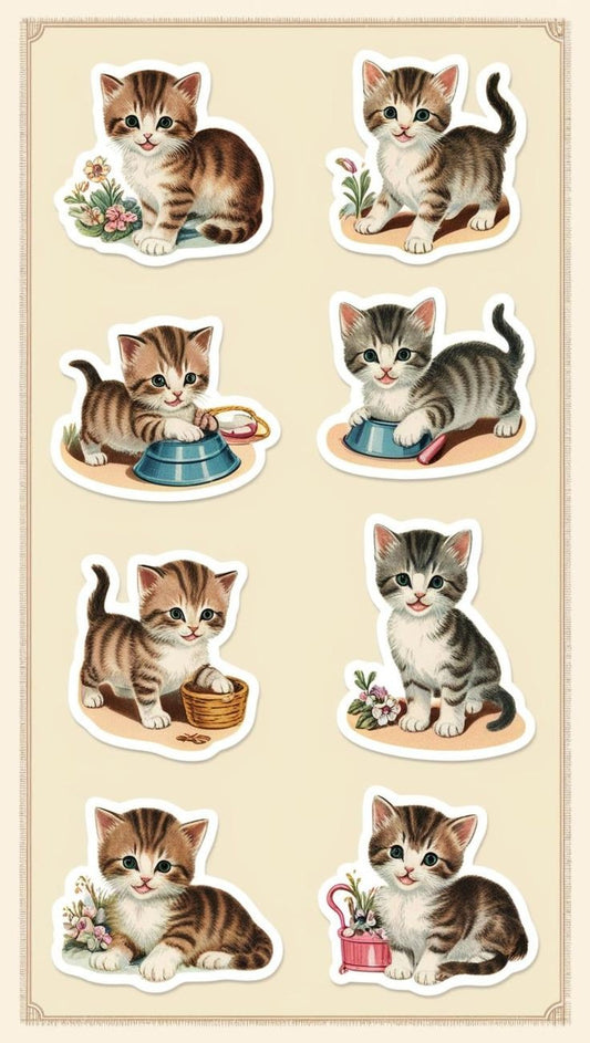 Retro Cute Kitten Stickers, Vintage Cat Decals Waterproof Aesthetic Stickers for Laptop, Journal, Scrapbook, Water Bottles