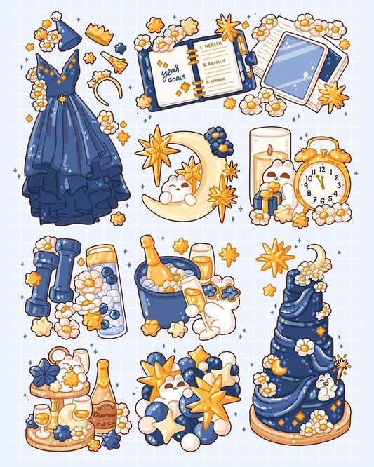 Aesthetic Blue and Gold Stickers Pack - Cute Bunny, Night Sky, Party, and Journal Vinyl Decals for Water Bottles, Laptops, Scrapbook, Bullet Journal, Teens, and Kids (Pack of