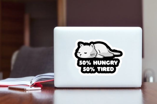 "50% Hungry 50% Tired" Cute Cat Laptop Sticker, Funny Lazy Kitty Vinyl Decal for Laptop, Water Bottle, Journal, and Kindle