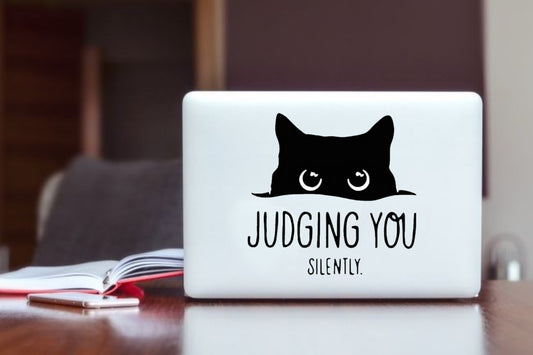 "Judging You Silently" Black Cat Laptop Sticker, Sarcastic Kitty Peeking Vinyl Decal for Laptop, Water Bottle, Journal, and Kindle